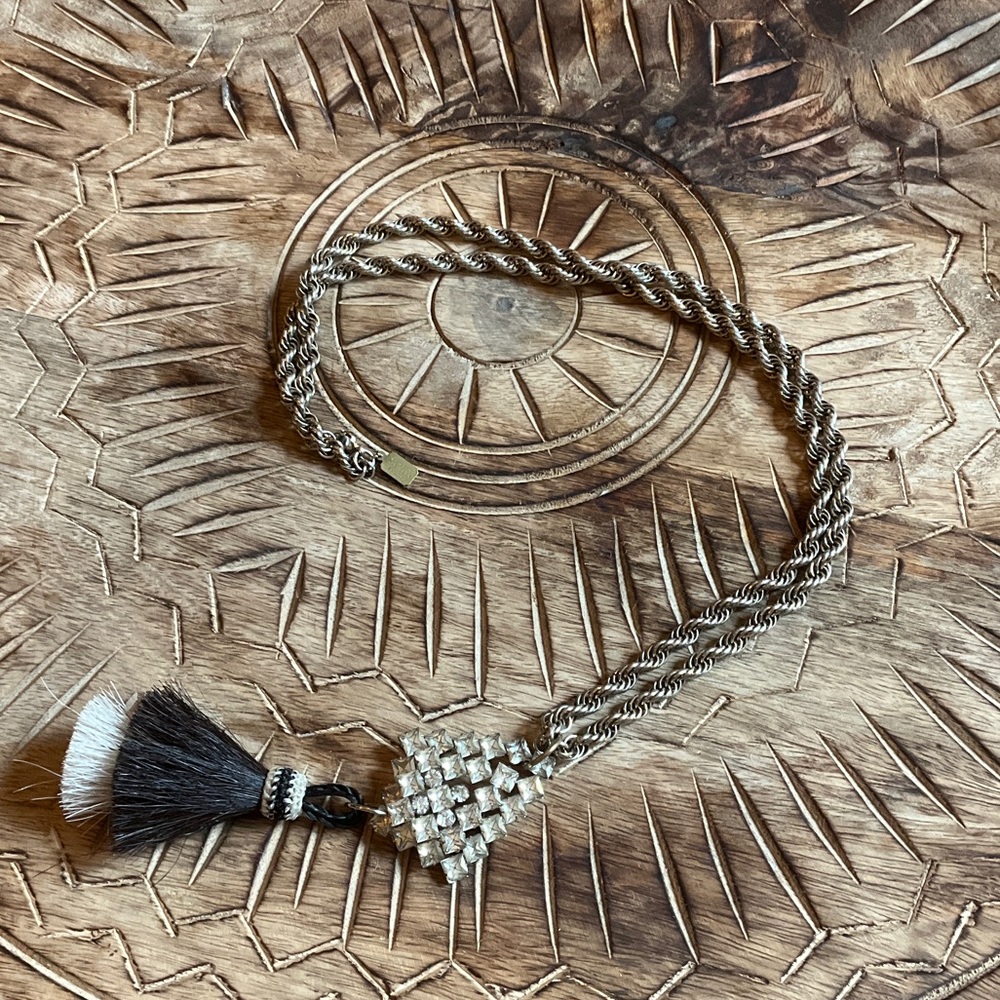 Silver Necklace With Rhinestone Crystal Pendant With A Horsehair Tassel